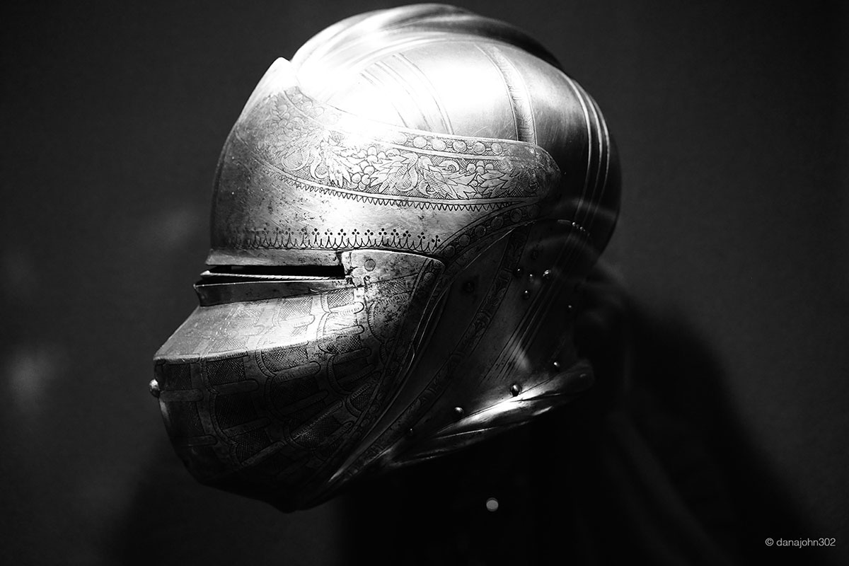 Black and white portrait of medieval armour at the Met.